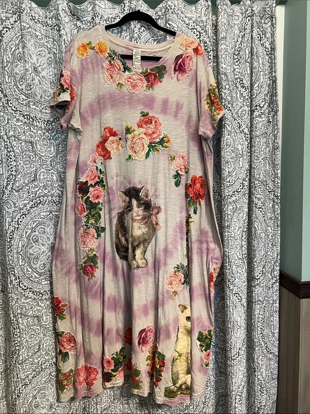 Magnolia Pearl cotton jersey tie dye appliqué & embroidered dress